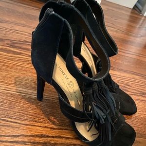 Chinese Laundry black suede fringe heels